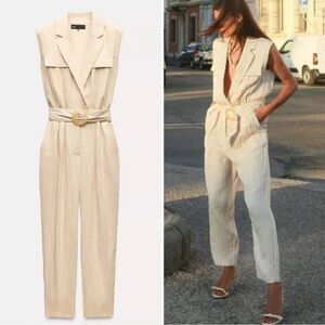 Zara Cream Belted Jumpsuit